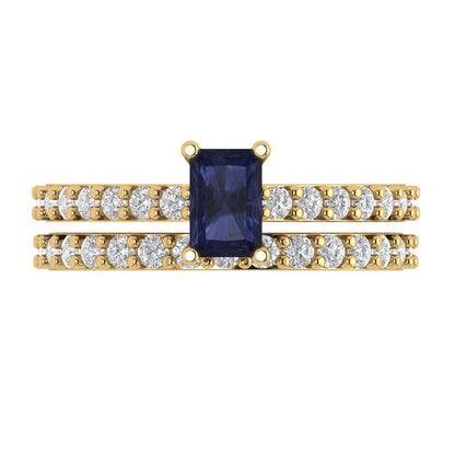 1.325 cttw Emerald Cut Simulated Blue Sapphire Bridal Set - Solid Yellow Gold Engagement Ring & Wedding Band