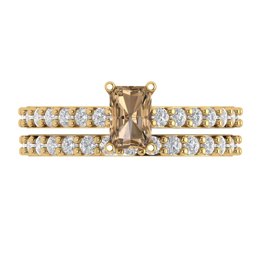 1.325 cttw Emerald Cut Simulated Champagne Diamond Bridal Set - Solid Yellow Gold Engagement Ring & Wedding Band