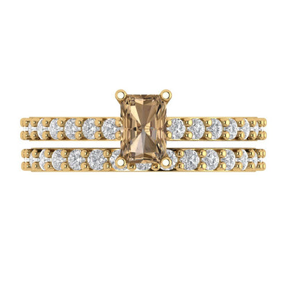 1.325 cttw Emerald Cut Simulated Champagne Diamond Bridal Set - Solid Yellow Gold Engagement Ring & Wedding Band