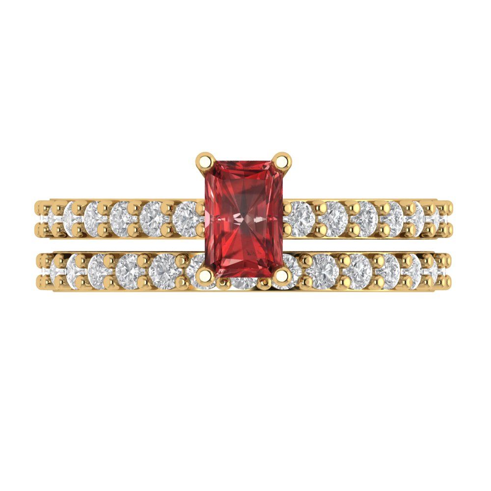 1.325 cttw Emerald Cut Natural Garnet Bridal Set - Solid Yellow Gold Engagement Ring & Wedding Band