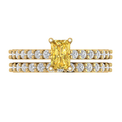 1.325 cttw Emerald Cut Natural Citrine Bridal Set - Solid Yellow Gold Engagement Ring & Wedding Band