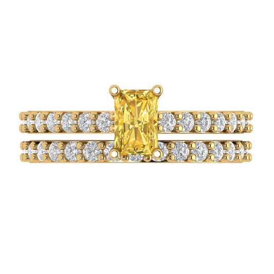 1.325 cttw Emerald Cut Natural Citrine Bridal Set - Solid Yellow Gold Engagement Ring & Wedding Band
