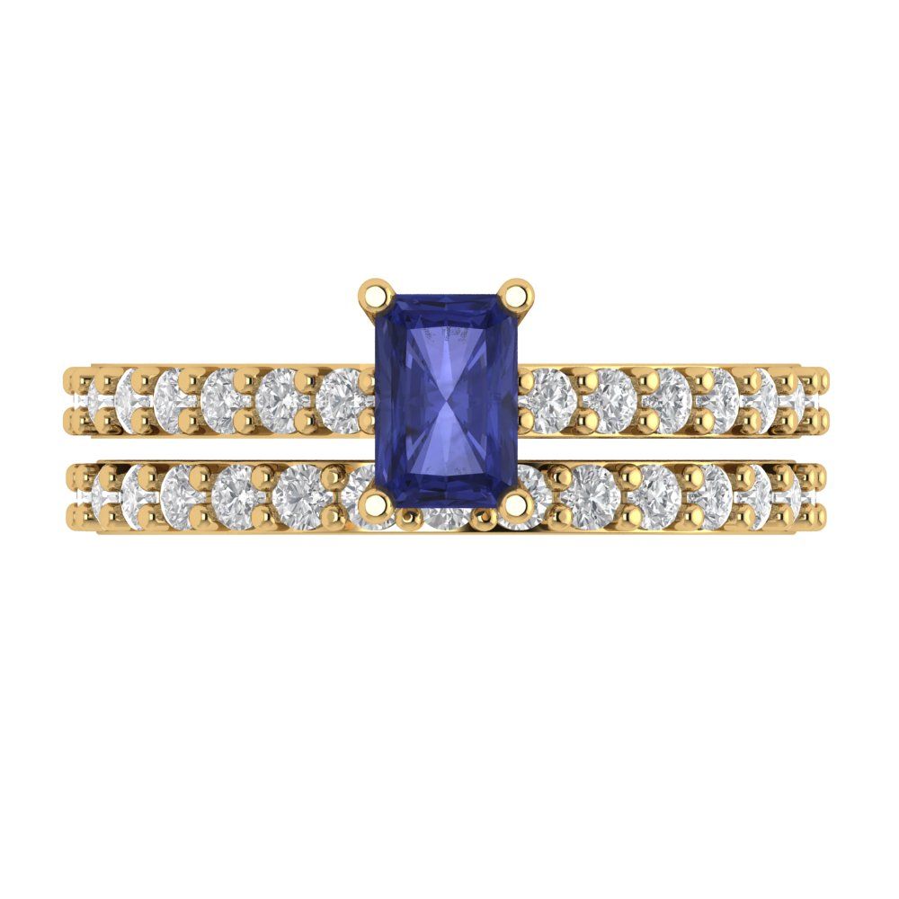 1.325 cttw Emerald Cut Simulated Tanzanite Bridal Set - Solid Yellow Gold Engagement Ring & Wedding Band