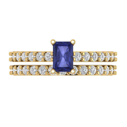 1.325 cttw Emerald Cut Simulated Tanzanite Bridal Set - Solid Yellow Gold Engagement Ring & Wedding Band