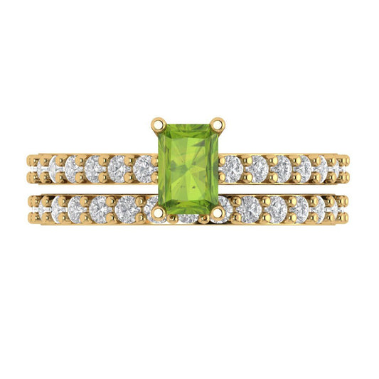 1.325 cttw Emerald Cut Natural Peridot Bridal Set - Solid Yellow Gold Engagement Ring & Wedding Band