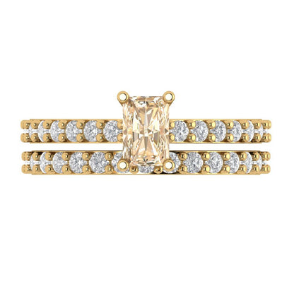 1.325 cttw Emerald Cut Natural Morganite Bridal Set - Solid Yellow Gold Engagement Ring & Wedding Band