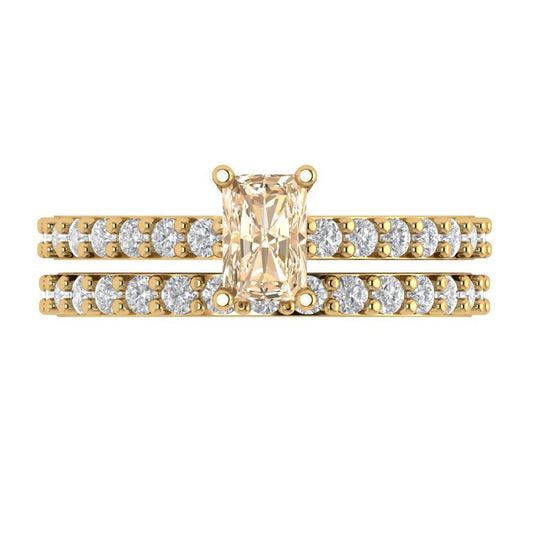 1.325 cttw Emerald Cut Natural Morganite Bridal Set - Solid Yellow Gold Engagement Ring & Wedding Band