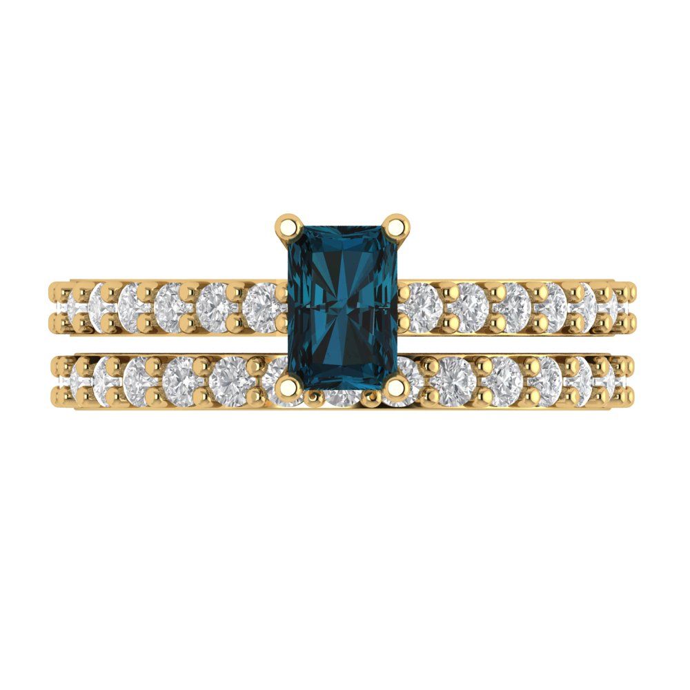 1.325 cttw Emerald Cut Natural London Blue Topaz Bridal Set - Solid Yellow Gold Engagement Ring & Wedding Band