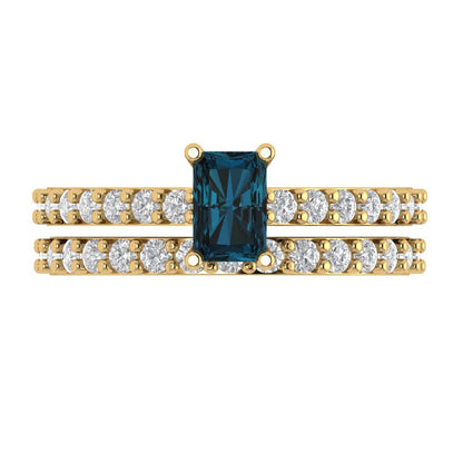 1.325 cttw Emerald Cut Natural London Blue Topaz Bridal Set - Solid Yellow Gold Engagement Ring & Wedding Band