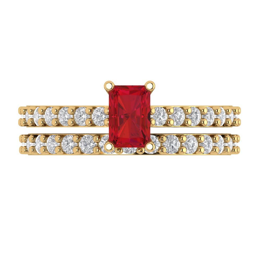 1.325 cttw Emerald Cut Simulated Pink Tourmaline Bridal Set - Solid Yellow Gold Engagement Ring & Wedding Band