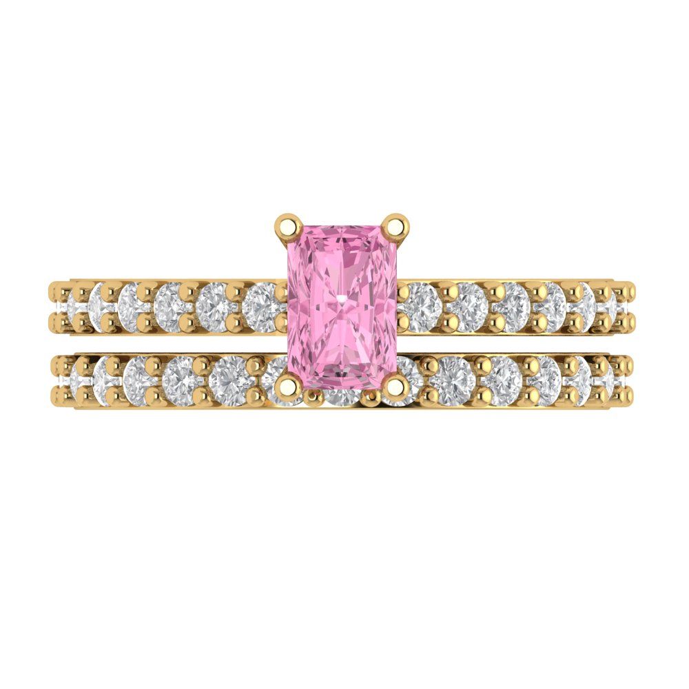 1.325 cttw Emerald Cut Simulated Pink Diamond Bridal Set - Solid Yellow Gold Engagement Ring & Wedding Band