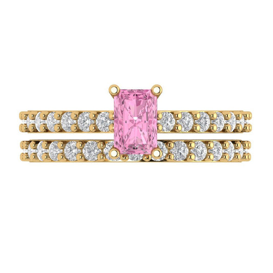 1.325 cttw Emerald Cut Simulated Pink Diamond Bridal Set - Solid Yellow Gold Engagement Ring & Wedding Band