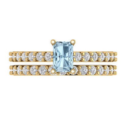 1.325 cttw Emerald Cut Natural Swiss Blue Topaz Bridal Set - Solid Yellow Gold Engagement Ring & Wedding Band