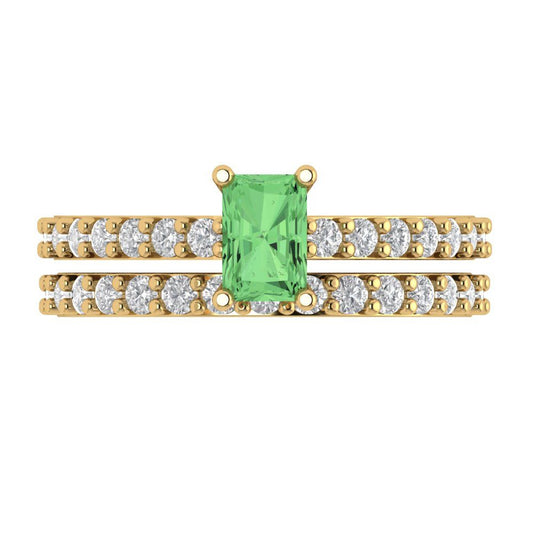 1.325 cttw Emerald Cut Simulated Green Diamond Bridal Set - Solid Yellow Gold Engagement Ring & Wedding Band
