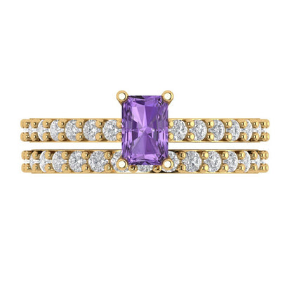 1.325 cttw Emerald Cut Simulated Alexandrite Bridal Set - Solid Yellow Gold Engagement Ring & Wedding Band