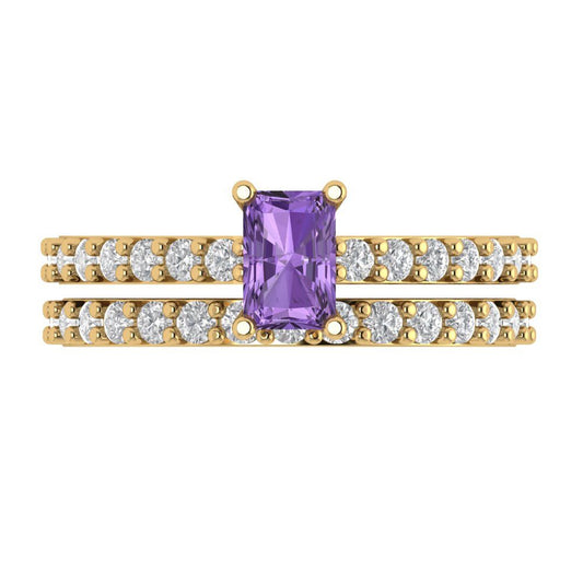 1.325 cttw Emerald Cut Simulated Alexandrite Bridal Set - Solid Yellow Gold Engagement Ring & Wedding Band