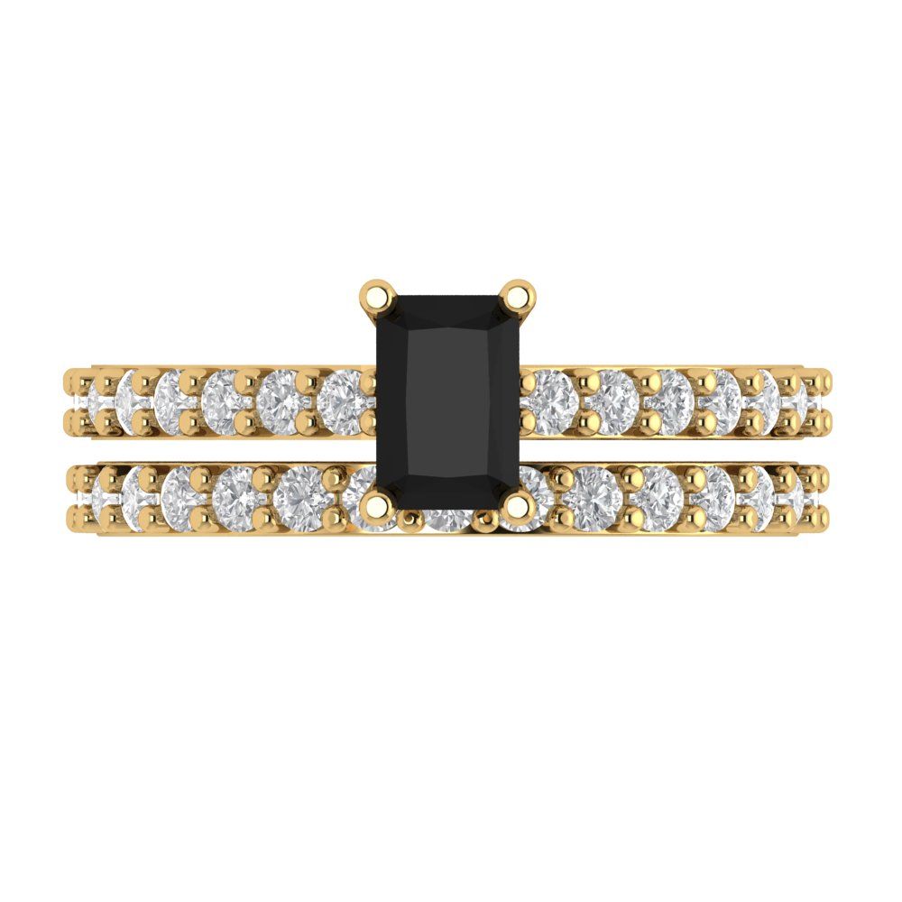 1.325 cttw Emerald Cut Natural Onyx Bridal Set - Solid Yellow Gold Engagement Ring & Wedding Band