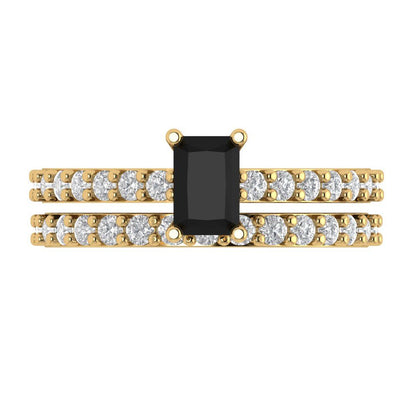 1.325 cttw Emerald Cut Natural Onyx Bridal Set - Solid Yellow Gold Engagement Ring & Wedding Band