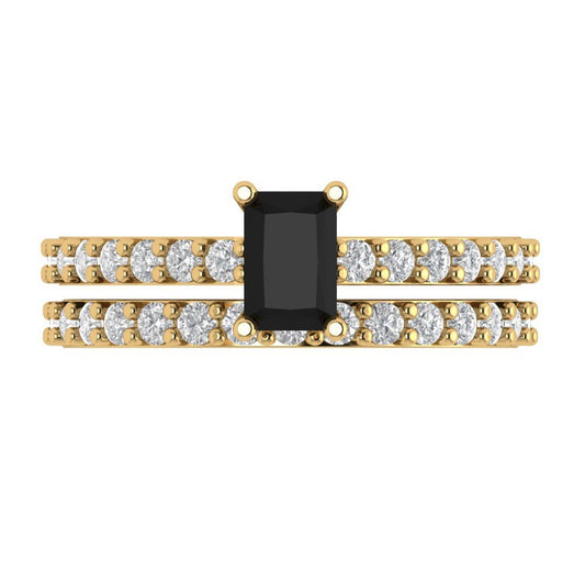 1.325 cttw Emerald Cut Natural Onyx Bridal Set - Solid Yellow Gold Engagement Ring & Wedding Band