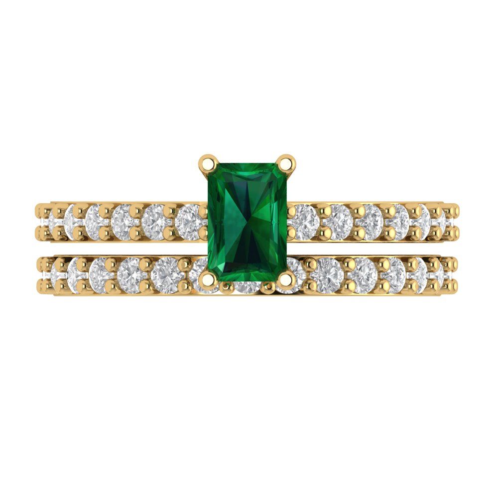 1.325 cttw Emerald Cut Simulated Emerald Bridal Set - Solid Yellow Gold Engagement Ring & Wedding Band