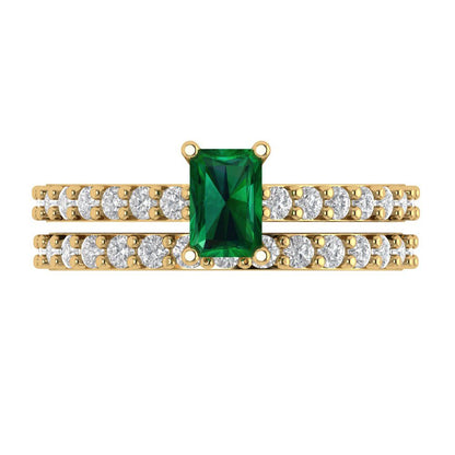 1.325 cttw Emerald Cut Simulated Emerald Bridal Set - Solid Yellow Gold Engagement Ring & Wedding Band