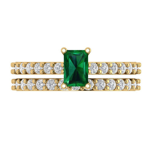 1.325 cttw Emerald Cut Simulated Emerald Bridal Set - Solid Yellow Gold Engagement Ring & Wedding Band