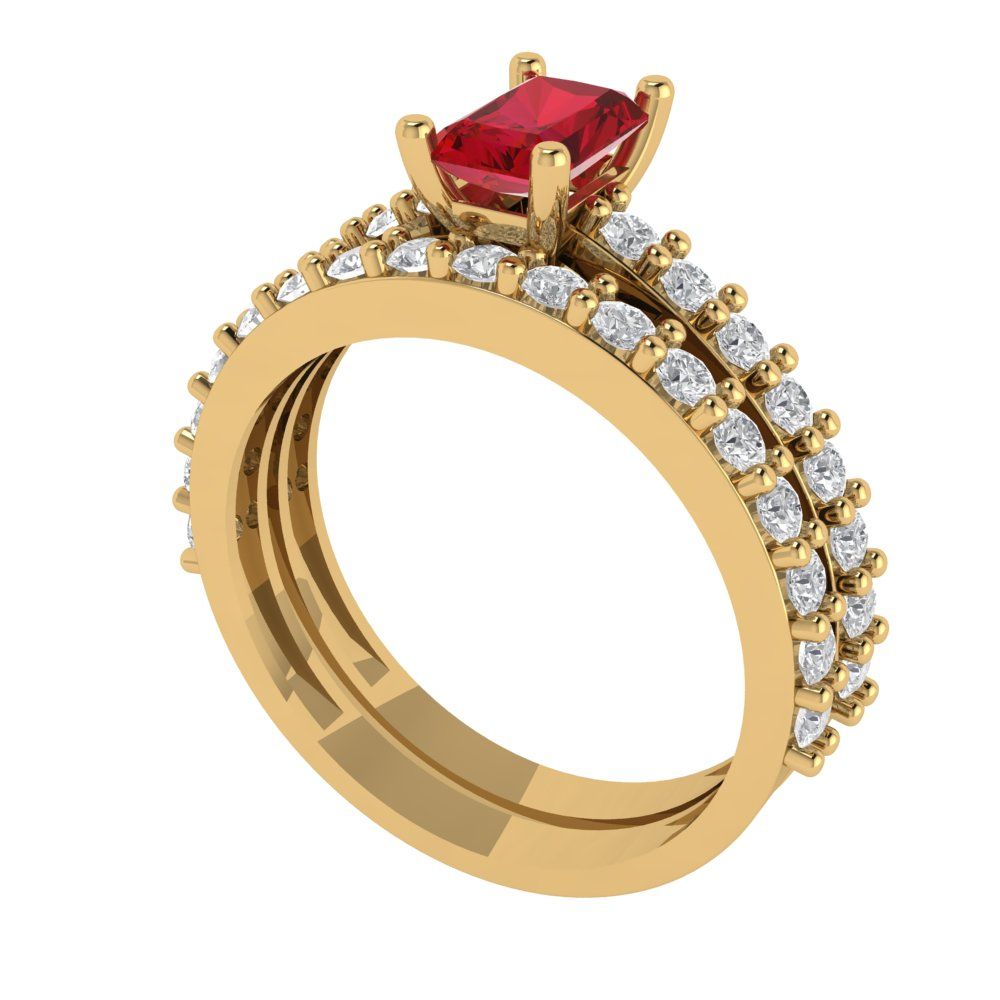 1.325 cttw Emerald Cut Simulated Pink Tourmaline Bridal Set - Solid Yellow Gold Engagement Ring & Wedding Band