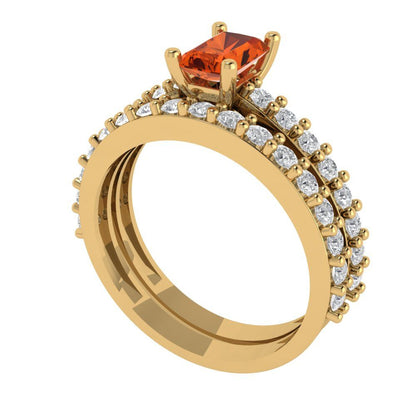 1.325 cttw Emerald Cut Simulated Red Diamond Bridal Set - Solid Yellow Gold Engagement Ring & Wedding Band