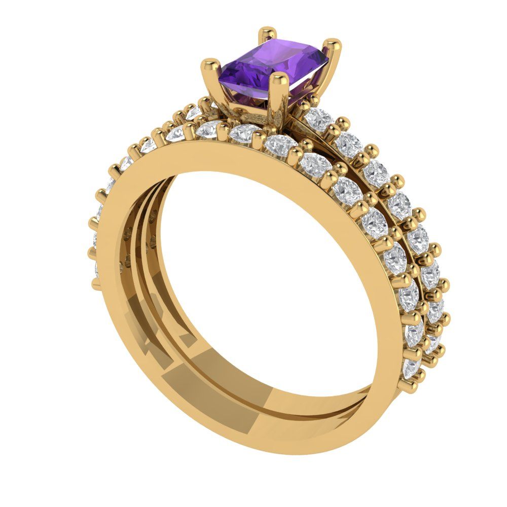 1.325 cttw Emerald Cut Natural Amethyst Bridal Set - Solid Yellow Gold Engagement Ring & Wedding Band