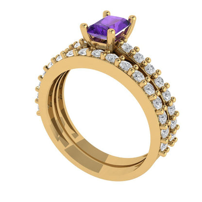 1.325 cttw Emerald Cut Natural Amethyst Bridal Set - Solid Yellow Gold Engagement Ring & Wedding Band