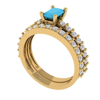 1.325 cttw Emerald Cut Simulated Turquoise Bridal Set - Solid Yellow Gold Engagement Ring & Wedding Band