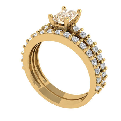 1.325 cttw Emerald Cut Natural Morganite Bridal Set - Solid Yellow Gold Engagement Ring & Wedding Band