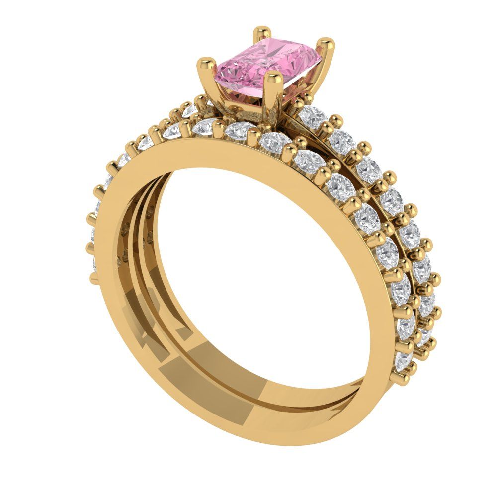 1.325 cttw Emerald Cut Simulated Pink Diamond Bridal Set - Solid Yellow Gold Engagement Ring & Wedding Band