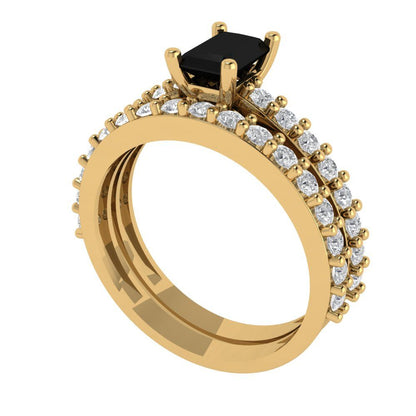 1.325 cttw Emerald Cut Natural Onyx Bridal Set - Solid Yellow Gold Engagement Ring & Wedding Band