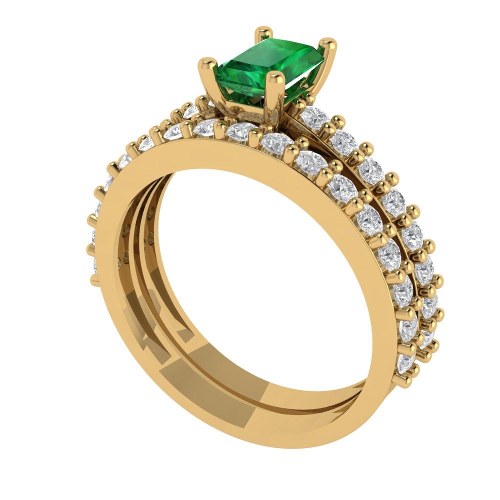 1.325 cttw Emerald Cut Simulated Emerald Bridal Set - Solid Yellow Gold Engagement Ring & Wedding Band