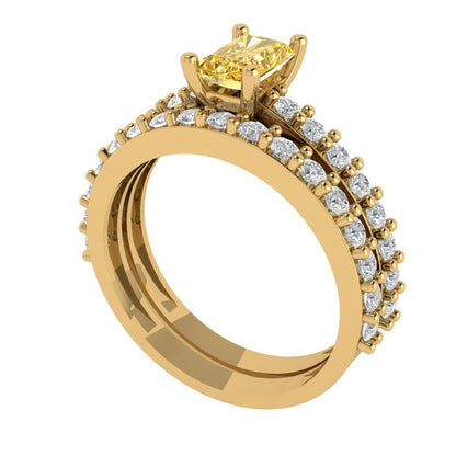1.325 cttw Emerald Cut Simulated Yellow Diamond Bridal Set - Solid Yellow Gold Engagement Ring & Wedding Band