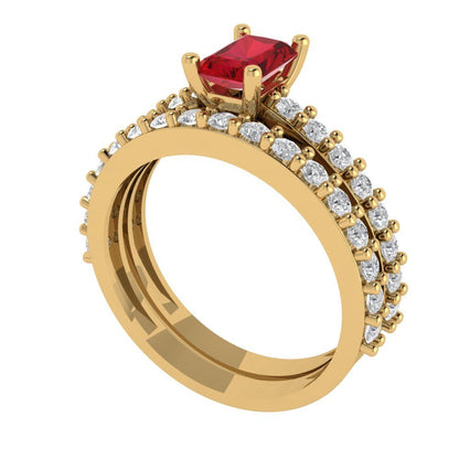 1.325 cttw Emerald Cut Simulated Ruby Bridal Set - Solid Yellow Gold Engagement Ring & Wedding Band