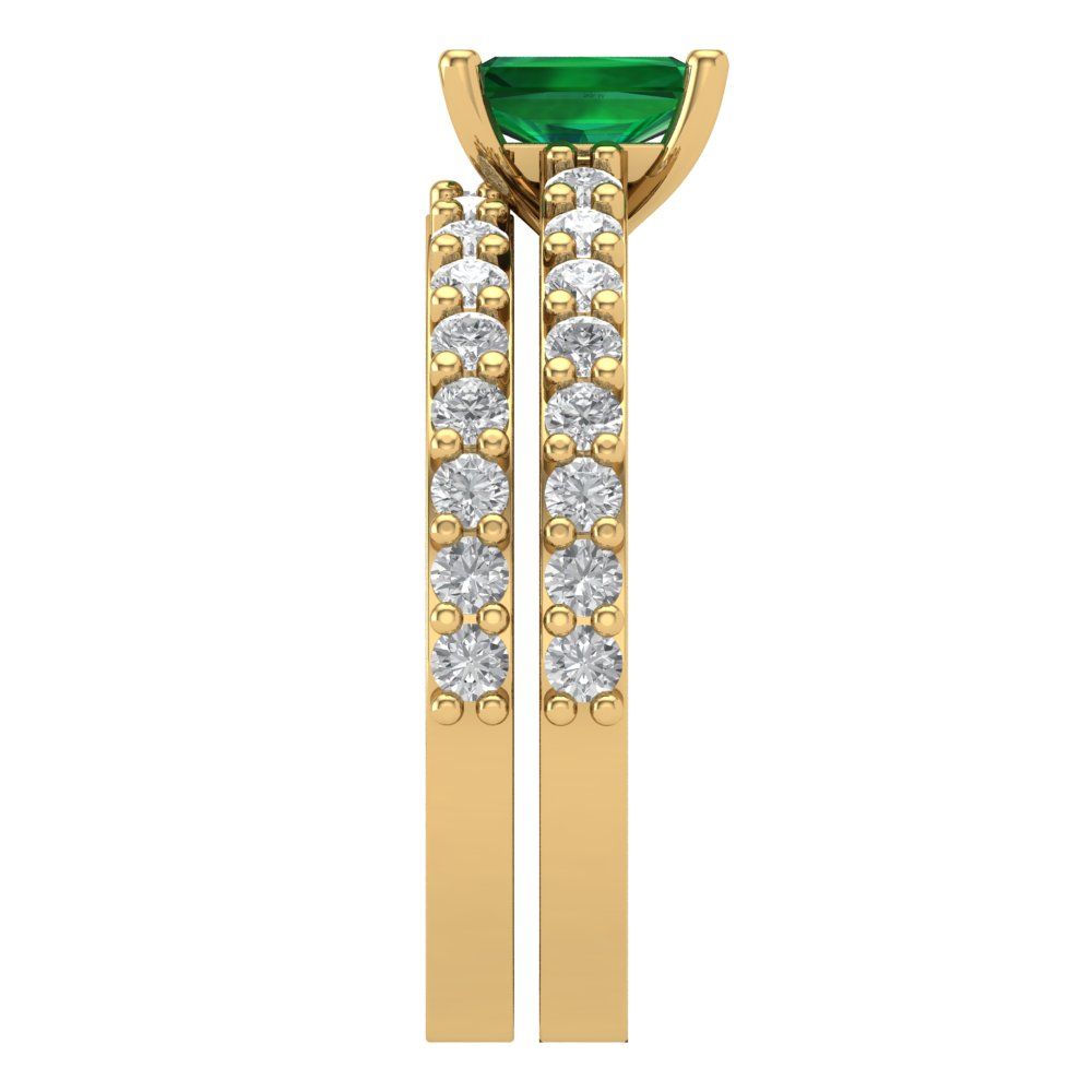 1.325 cttw Emerald Cut Simulated Emerald Bridal Set - Solid Yellow Gold Engagement Ring & Wedding Band