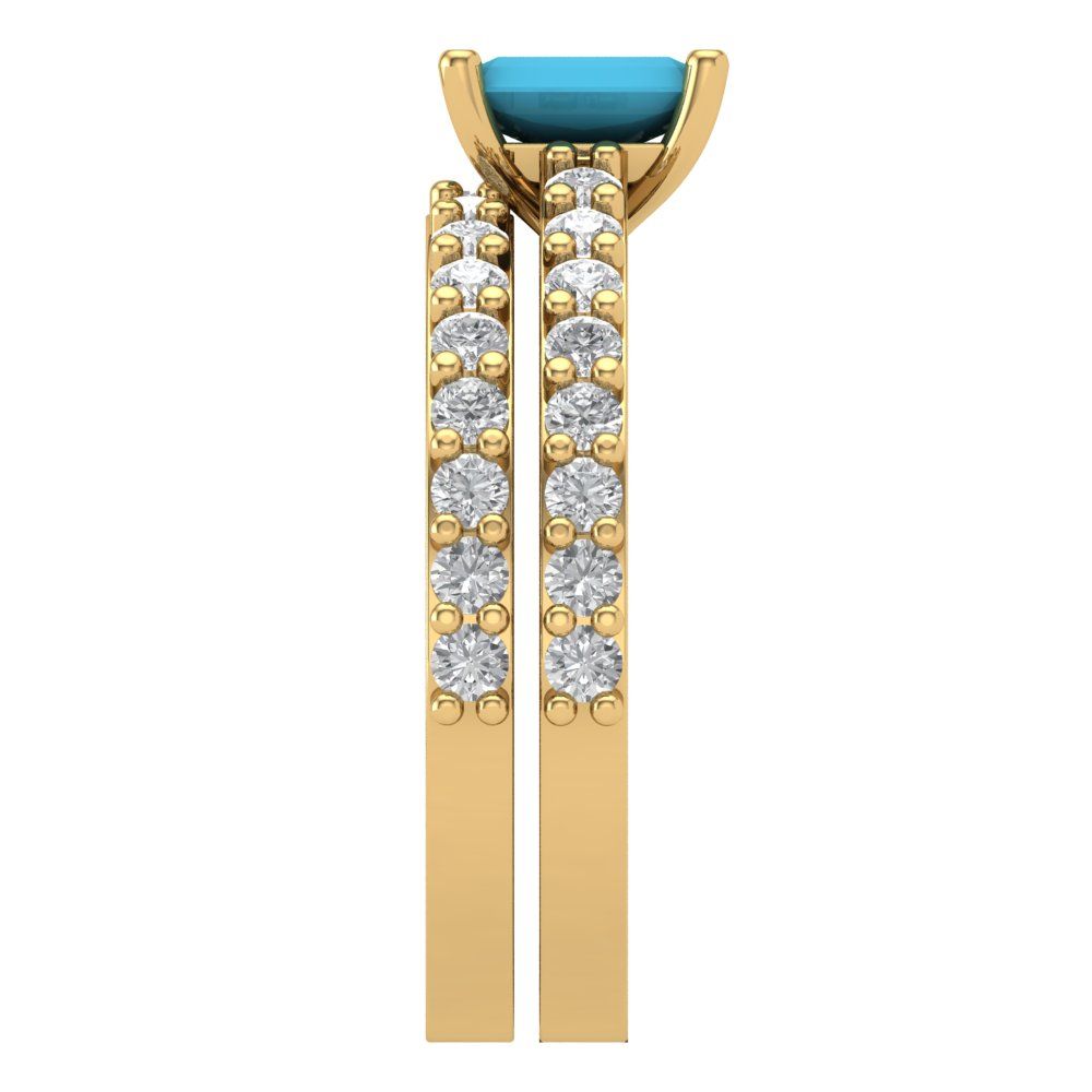 1.325 cttw Emerald Cut Simulated Turquoise Bridal Set - Solid Yellow Gold Engagement Ring & Wedding Band