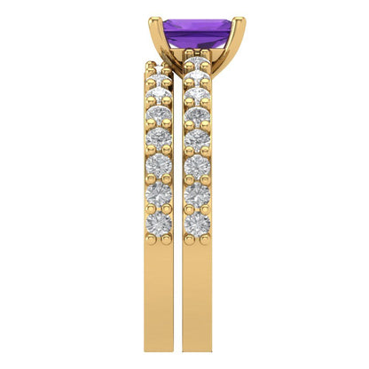 1.325 cttw Emerald Cut Natural Amethyst Bridal Set - Solid Yellow Gold Engagement Ring & Wedding Band
