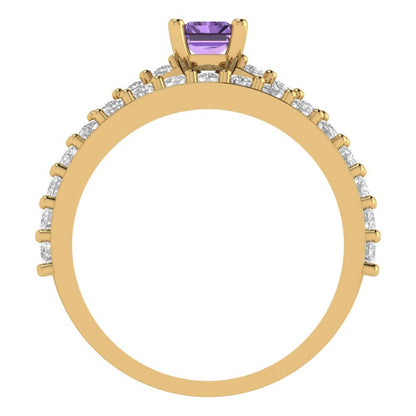 1.325 cttw Emerald Cut Simulated Alexandrite Bridal Set - Solid Yellow Gold Engagement Ring & Wedding Band