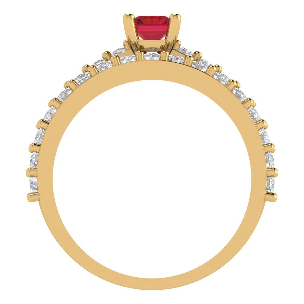 1.325 cttw Emerald Cut Simulated Ruby Bridal Set - Solid Yellow Gold Engagement Ring & Wedding Band