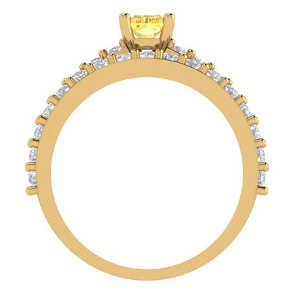1.325 cttw Emerald Cut Simulated Yellow Diamond Bridal Set - Solid Yellow Gold Engagement Ring & Wedding Band