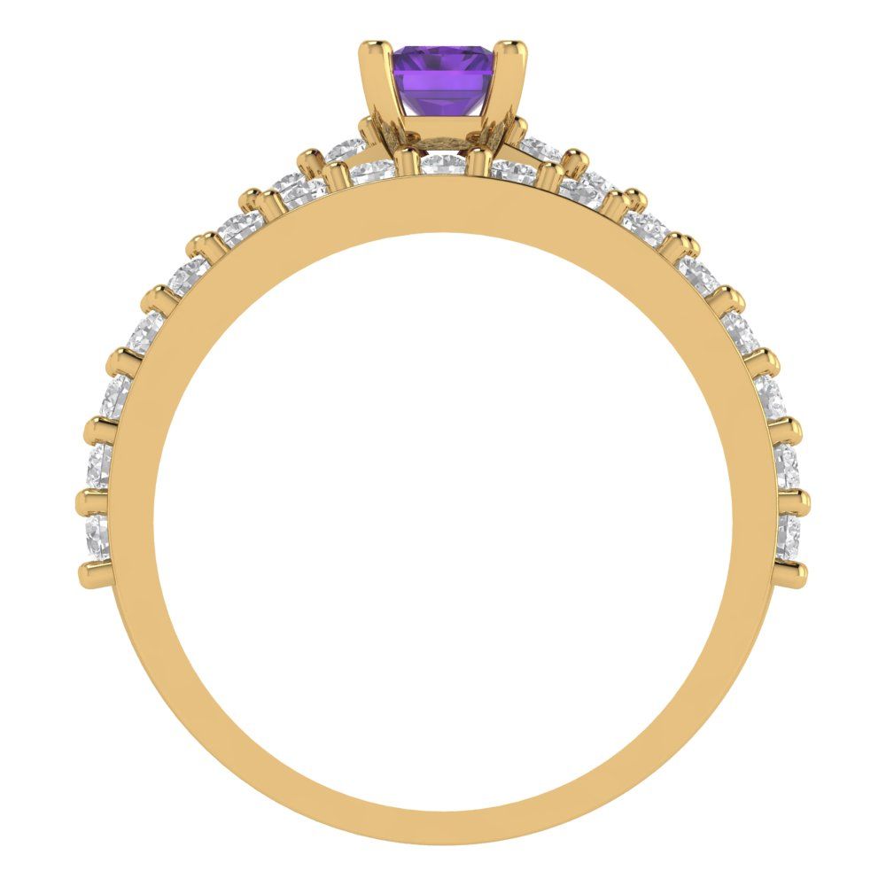 1.325 cttw Emerald Cut Natural Amethyst Bridal Set - Solid Yellow Gold Engagement Ring & Wedding Band