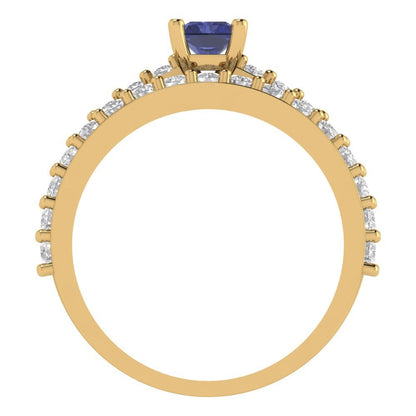 1.325 cttw Emerald Cut Simulated Tanzanite Bridal Set - Solid Yellow Gold Engagement Ring & Wedding Band