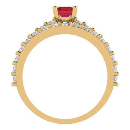 1.325 cttw Emerald Cut Simulated Pink Tourmaline Bridal Set - Solid Yellow Gold Engagement Ring & Wedding Band
