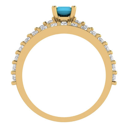 1.325 cttw Emerald Cut Simulated Turquoise Bridal Set - Solid Yellow Gold Engagement Ring & Wedding Band