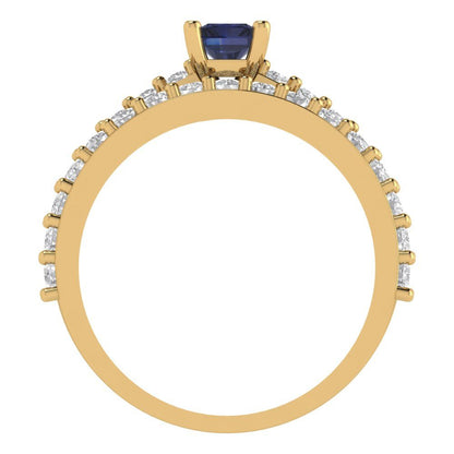 1.325 cttw Emerald Cut Simulated Blue Sapphire Bridal Set - Solid Yellow Gold Engagement Ring & Wedding Band