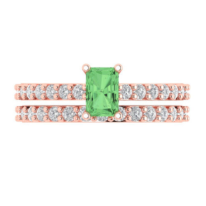 1.325 cttw Emerald Cut Simulated Green Diamond Bridal Set - Solid Rose Gold Engagement Ring & Wedding Band