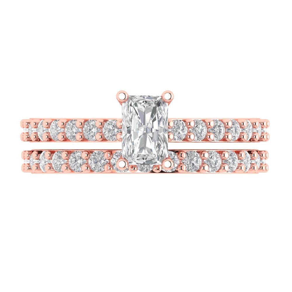 1.325 cttw Emerald Cut White Sapphire Bridal Set - Solid Rose Gold Engagement Ring & Wedding Band